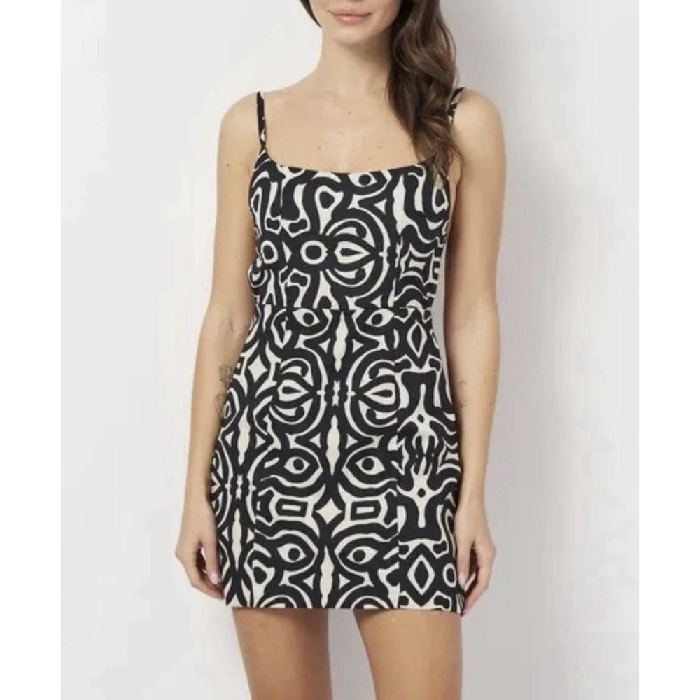 Zara Open Back Geometric Abstract Black White Cotton Mini Dress Size XS